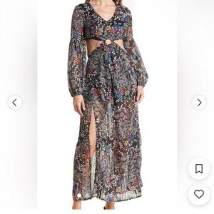 RAGA Floral Cutout Maxi Dress Boho Long Sleeve Black Multicolor Size S